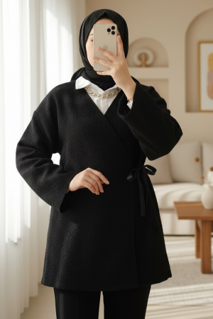 Yandan Bağlamalı Buklet Kimono -Siyah