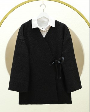 Side Tie Boucle Kimono -Black