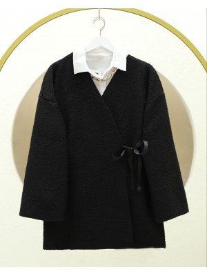 Yandan Bağlamalı Buklet Kimono -Siyah