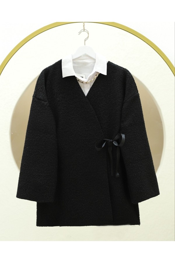 Yandan Bağlamalı Buklet Kimono -Siyah