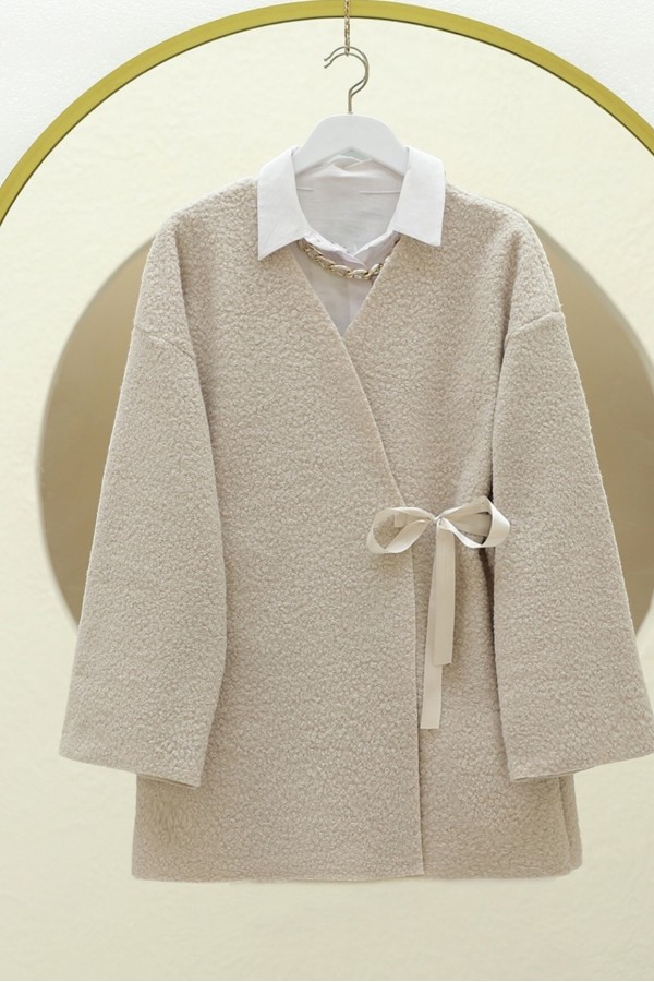 Side Tie Boucle Kimono -Stone