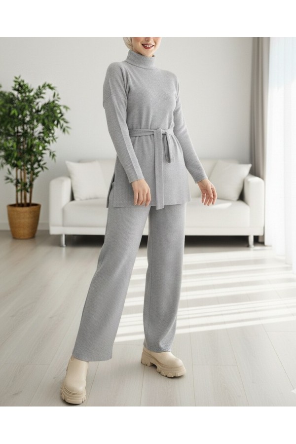 Half Turtleneck Belted Corduroy Suit - Light grey