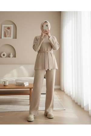 Half Turtleneck Belted Corduroy Suit - Beige
