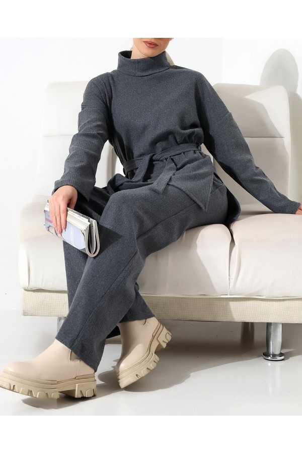 Half Turtleneck Belted Corduroy Suit -Smoked 