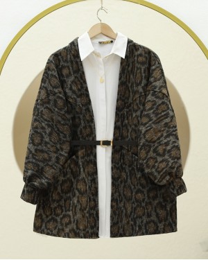 Leopard Patterned Balloon Sleeve Casual Jacket  -Smoked 