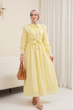 Yakası Ve Beli Bağlamalı Fistolu Astarlı Krinkıl Elbise -Sarı