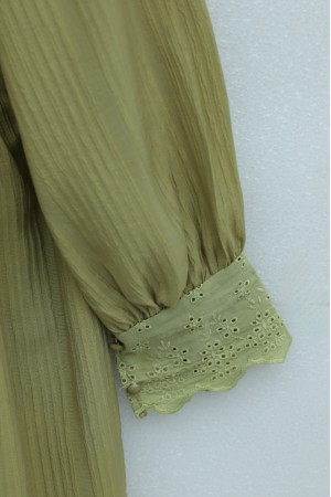 Yakası Ve Beli Bağlamalı Fistolu Astarlı Krinkıl Elbise -Yağ Yeşili