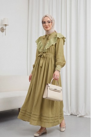Yakası Ve Beli Bağlamalı Fistolu Astarlı Krinkıl Elbise -Yağ Yeşili