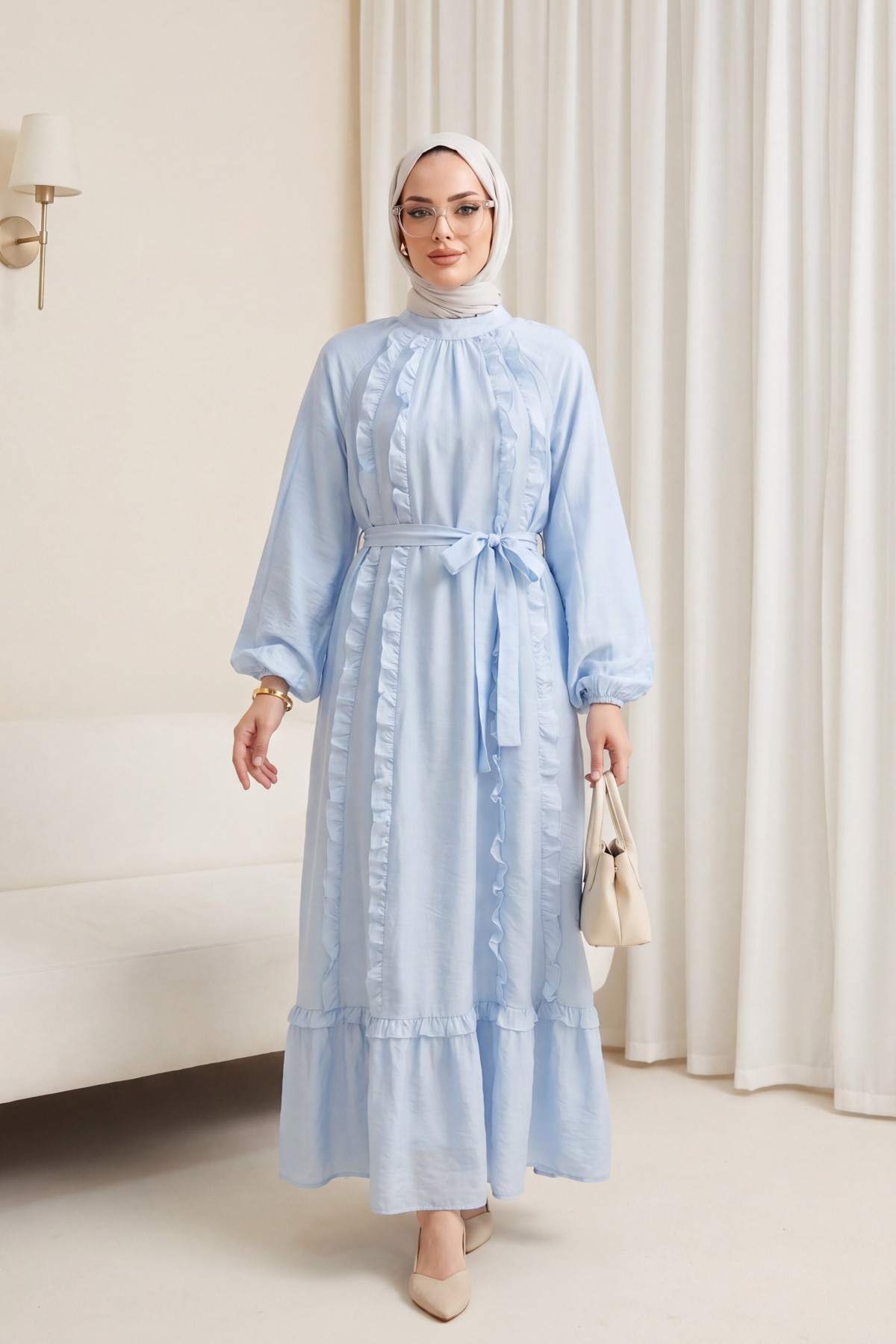 Cupra Dress with Ruffled Front, Belted Waist, Elasticated Sleeves, and Lining -Baby Blue
