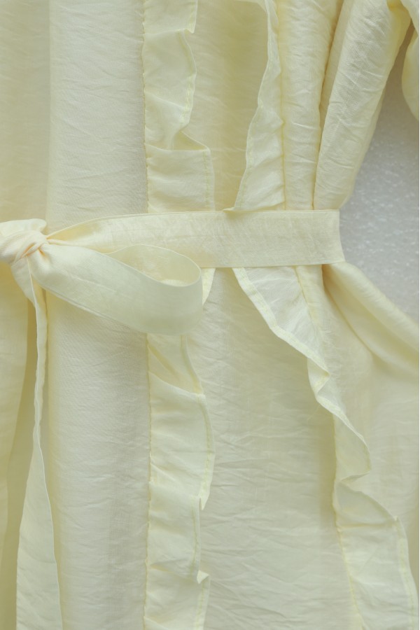 Cupra Dress with Ruffled Front, Belted Waist, Elasticated Sleeves, and Lining - Beige