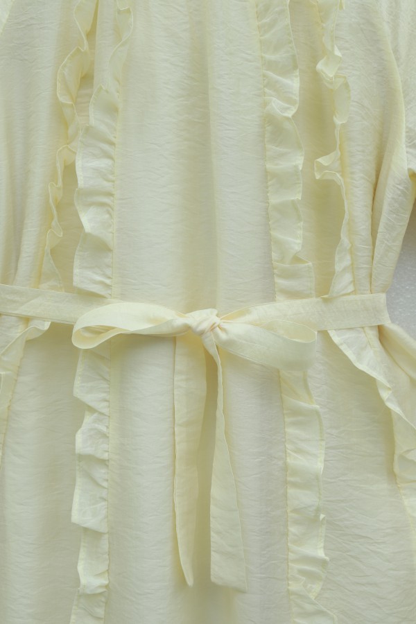 Cupra Dress with Ruffled Front, Belted Waist, Elasticated Sleeves, and Lining - Beige