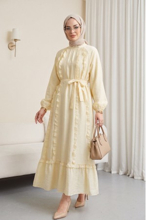 Önü Fırfırlı Beli Kemerli Kolu Lastikli Astarlı Cupra Elbise -Bej