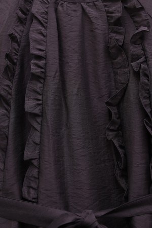 Önü Fırfırlı Beli Kemerli Kolu Lastikli Astarlı Cupra Elbise -K. Bordo