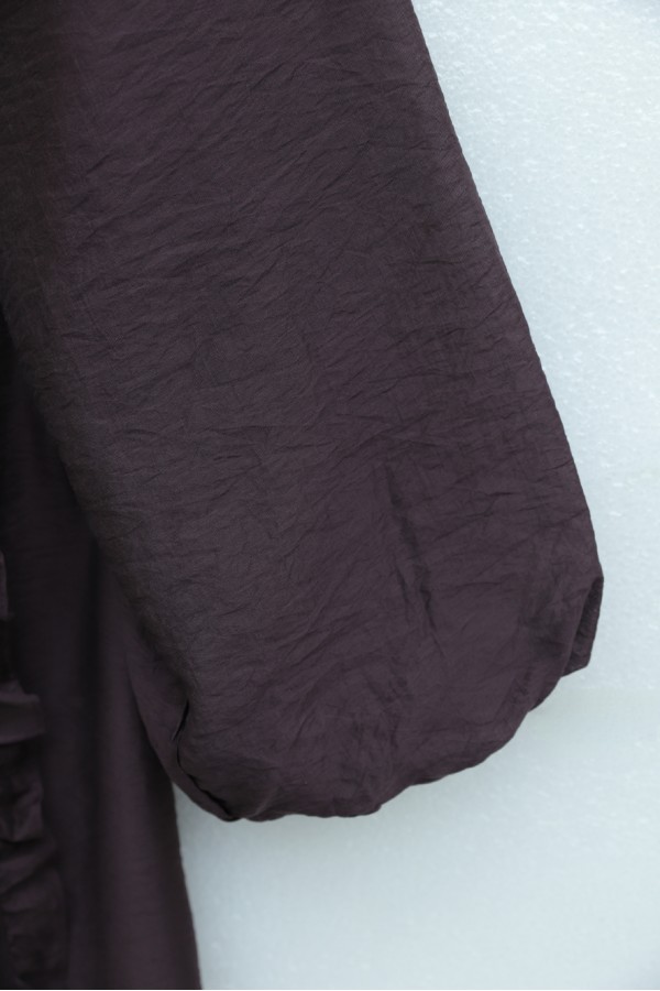 Cupra Dress with Ruffled Front, Belted Waist, Elasticated Sleeves, and Lining -Dark Bordo