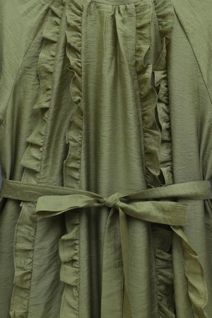 Önü Fırfırlı Beli Kemerli Kolu Lastikli Astarlı Cupra Elbise -Yağ Yeşili