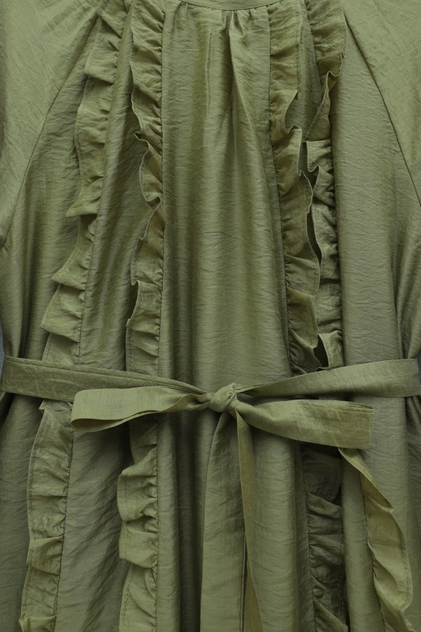 Cupra Dress with Ruffled Front, Belted Waist, Elasticated Sleeves, and Lining -Oil Green