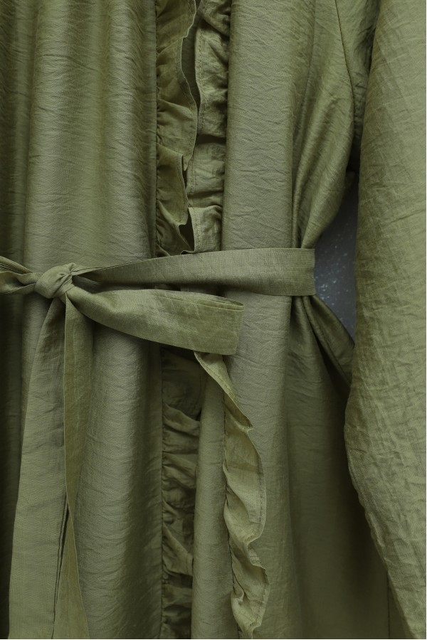 Cupra Dress with Ruffled Front, Belted Waist, Elasticated Sleeves, and Lining -Oil Green