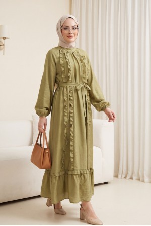 Önü Fırfırlı Beli Kemerli Kolu Lastikli Astarlı Cupra Elbise -Yağ Yeşili