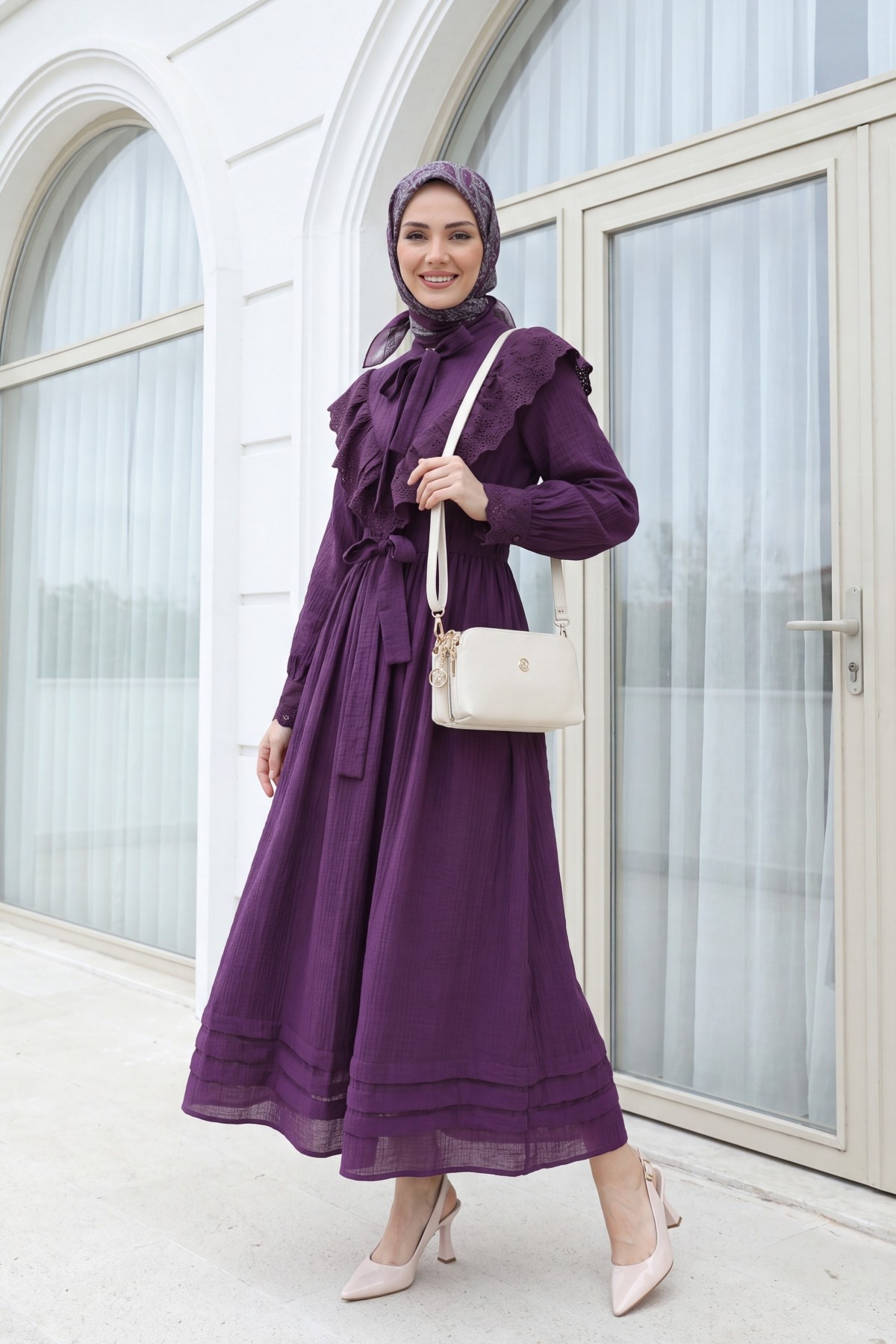 Lined crinkle dress with lace detailing at the neckline and waist.  - Purple