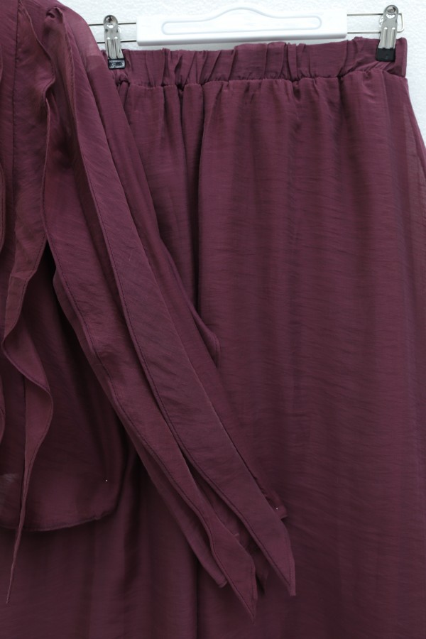 Front-tie ruffled, lined, asymmetrical cut Cupra suit -Damson