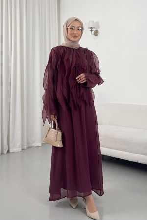 Önü Bağlamalı Fırfırlı Astarlı Asimetrik Kesim Cupra Takım  -Mürdüm