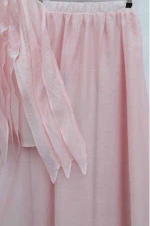 Önü Bağlamalı Fırfırlı Astarlı Asimetrik Kesim Cupra Takım  -Pudra pembesi