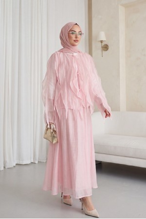 Önü Bağlamalı Fırfırlı Astarlı Asimetrik Kesim Cupra Takım  -Pudra pembesi
