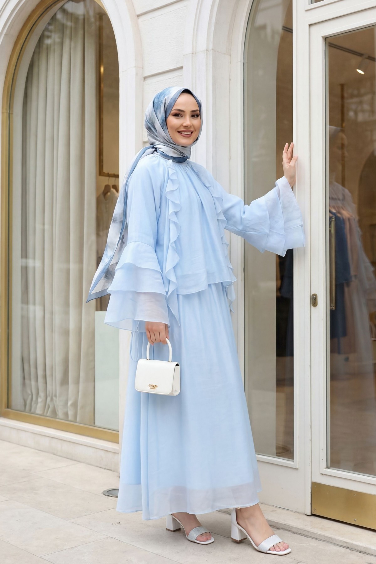Cupra Suit with Ruffled Front, Spanish Sleeves, Lined, and Lace-Up Skirt -Baby Blue