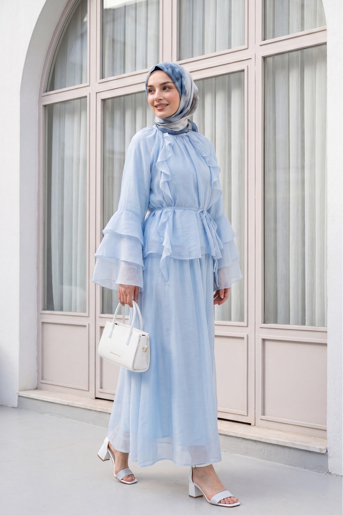 Cupra Suit with Ruffled Front, Spanish Sleeves, Lined, and Lace-Up Skirt -Baby Blue
