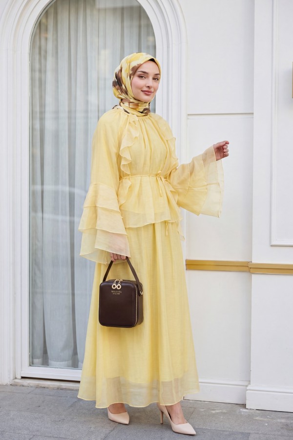 Cupra Suit with Ruffled Front, Spanish Sleeves, Lined, and Lace-Up Skirt -Yellow