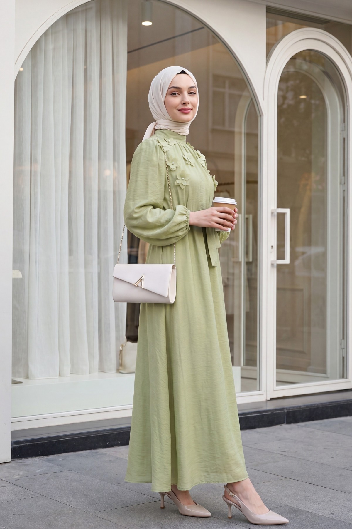 Front Embellished with Rhinestones and Flowers, Belted Waist, Lined Tulle Modal Dress -Cagla Green