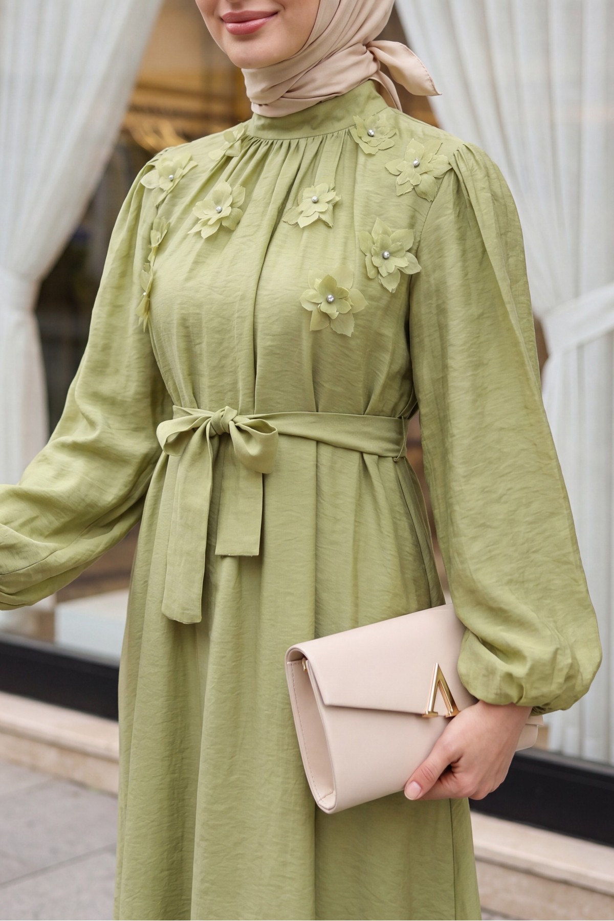 Front Embellished with Rhinestones and Flowers, Belted Waist, Lined Tulle Modal Dress -Cagla Green