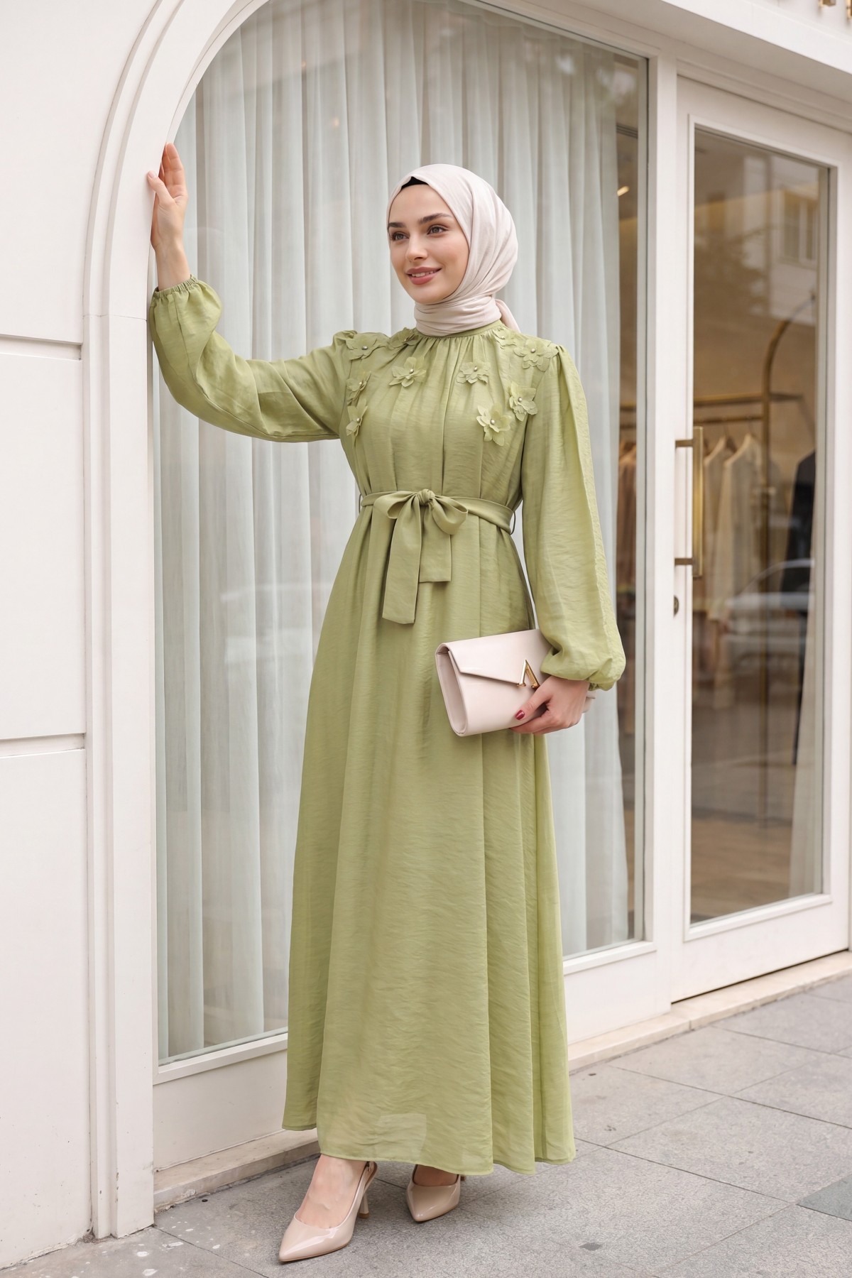 Front Embellished with Rhinestones and Flowers, Belted Waist, Lined Tulle Modal Dress -Cagla Green