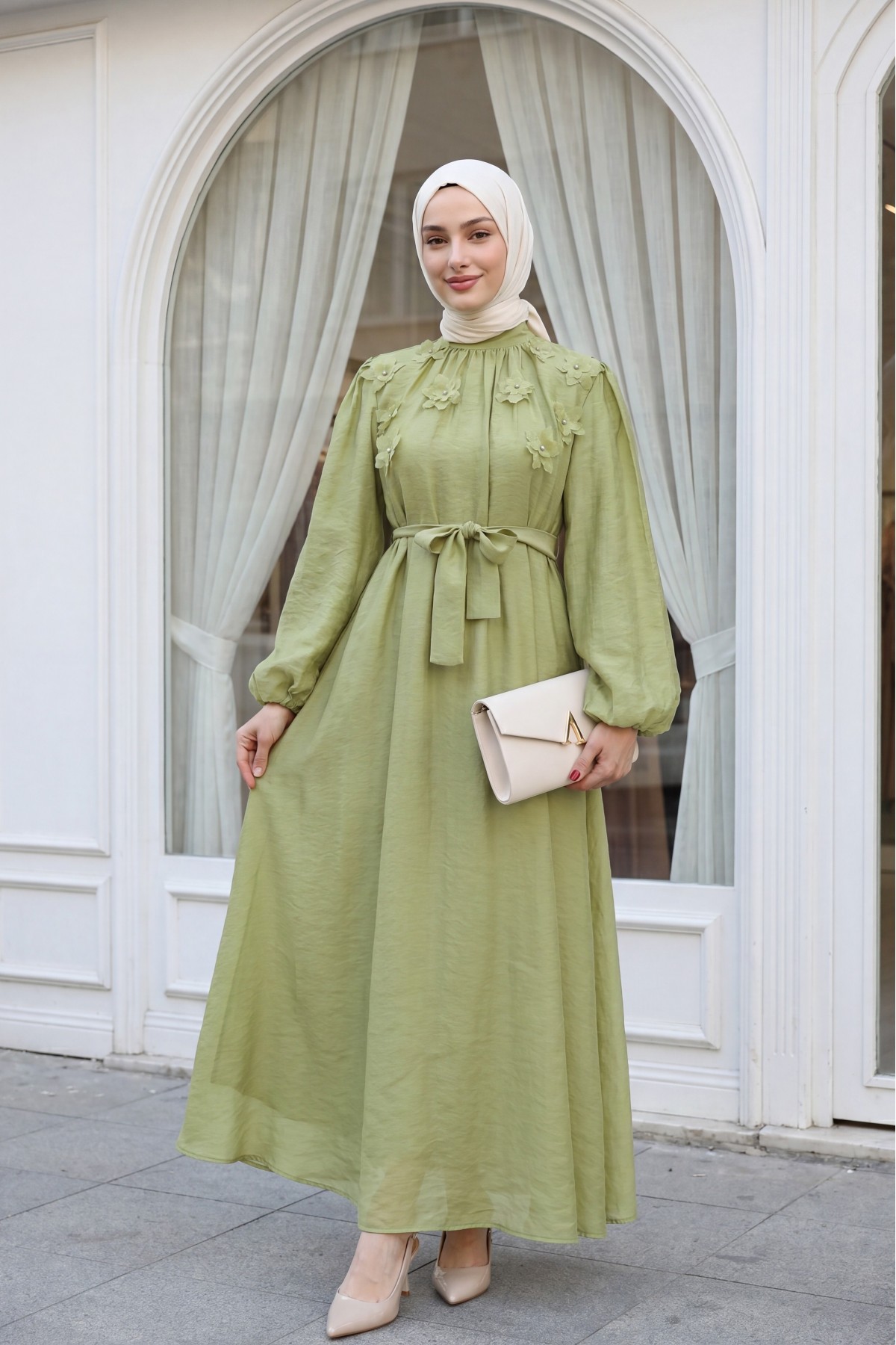 Front Embellished with Rhinestones and Flowers, Belted Waist, Lined Tulle Modal Dress -Cagla Green