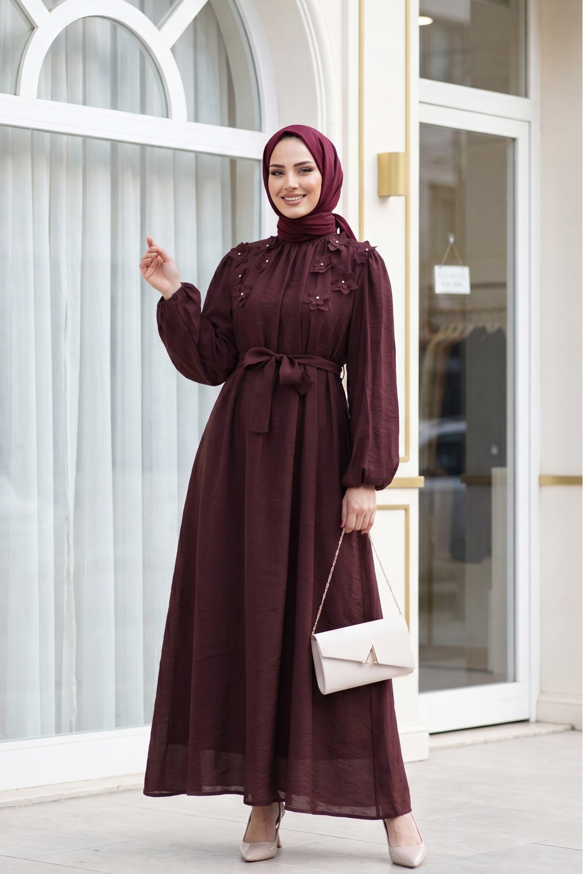 Front Embellished with Rhinestones and Flowers, Belted Waist, Lined Tulle Modal Dress -Dark Bordo