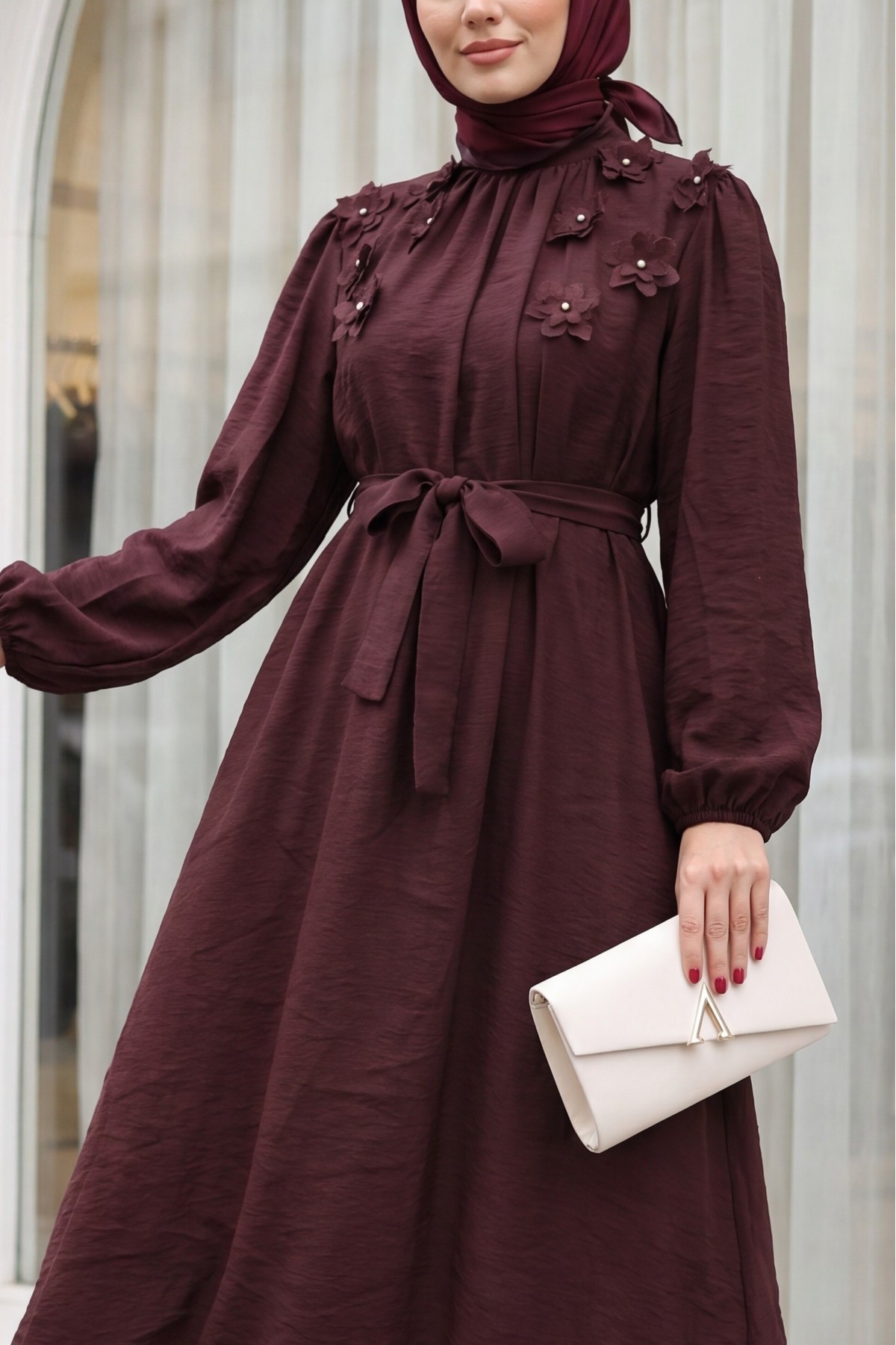 Front Embellished with Rhinestones and Flowers, Belted Waist, Lined Tulle Modal Dress -Dark Bordo