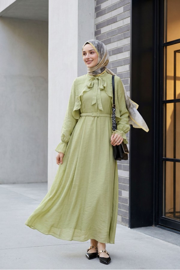 Two-Piece Tulle Voile Dress with Removable Bolero and Belt, Lined -LIGHT GREEN