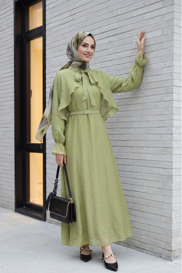 Two-Piece Tulle Voile Dress with Removable Bolero and Belt, Lined -LIGHT GREEN
