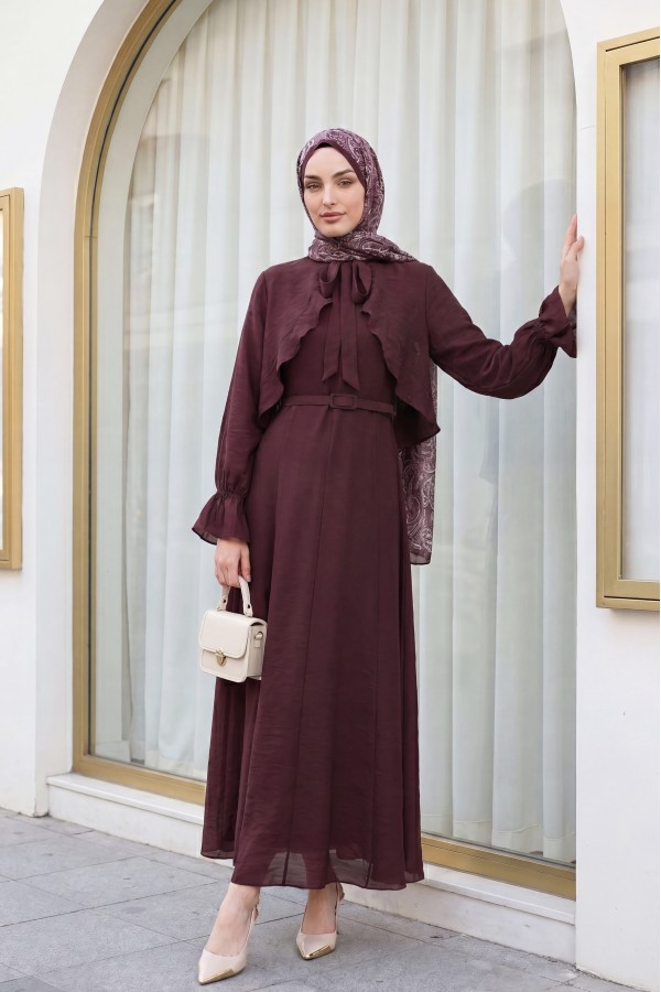 Two-Piece Tulle Voile Dress with Removable Bolero and Belt, Lined -Damson