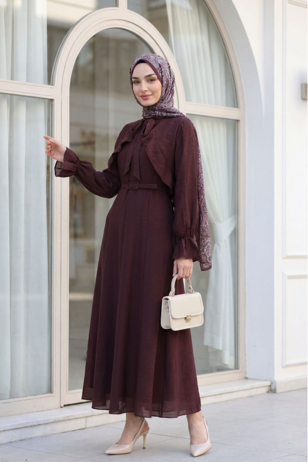 Two-Piece Tulle Voile Dress with Removable Bolero and Belt, Lined -Damson
