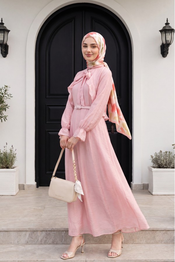 Two-Piece Tulle Voile Dress with Removable Bolero and Belt, Lined -Powder