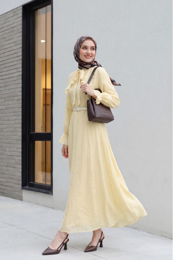 Two-Piece Tulle Voile Dress with Removable Bolero and Belt, Lined -Yellow