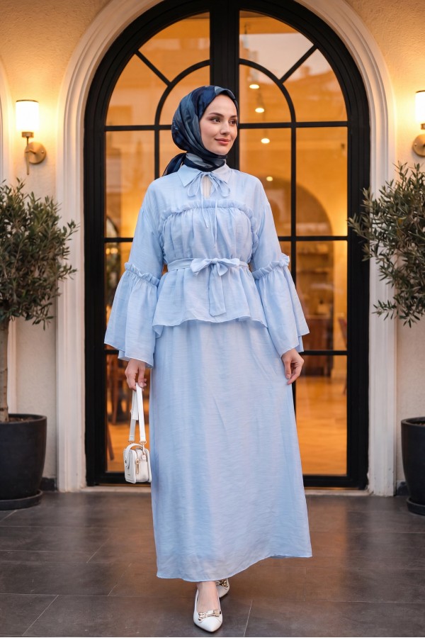 Belted Tulle Voile Dress with Tie Neck and Ruffle Detail -Baby Blue