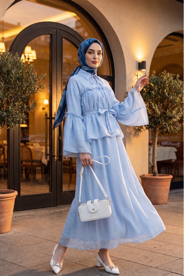 Belted Tulle Voile Dress with Tie Neck and Ruffle Detail -Baby Blue