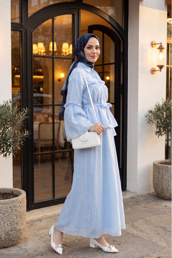 Belted Tulle Voile Dress with Tie Neck and Ruffle Detail -Baby Blue