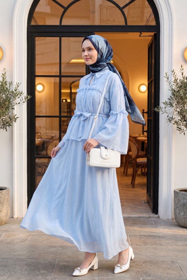 Belted Tulle Voile Dress with Tie Neck and Ruffle Detail -Baby Blue