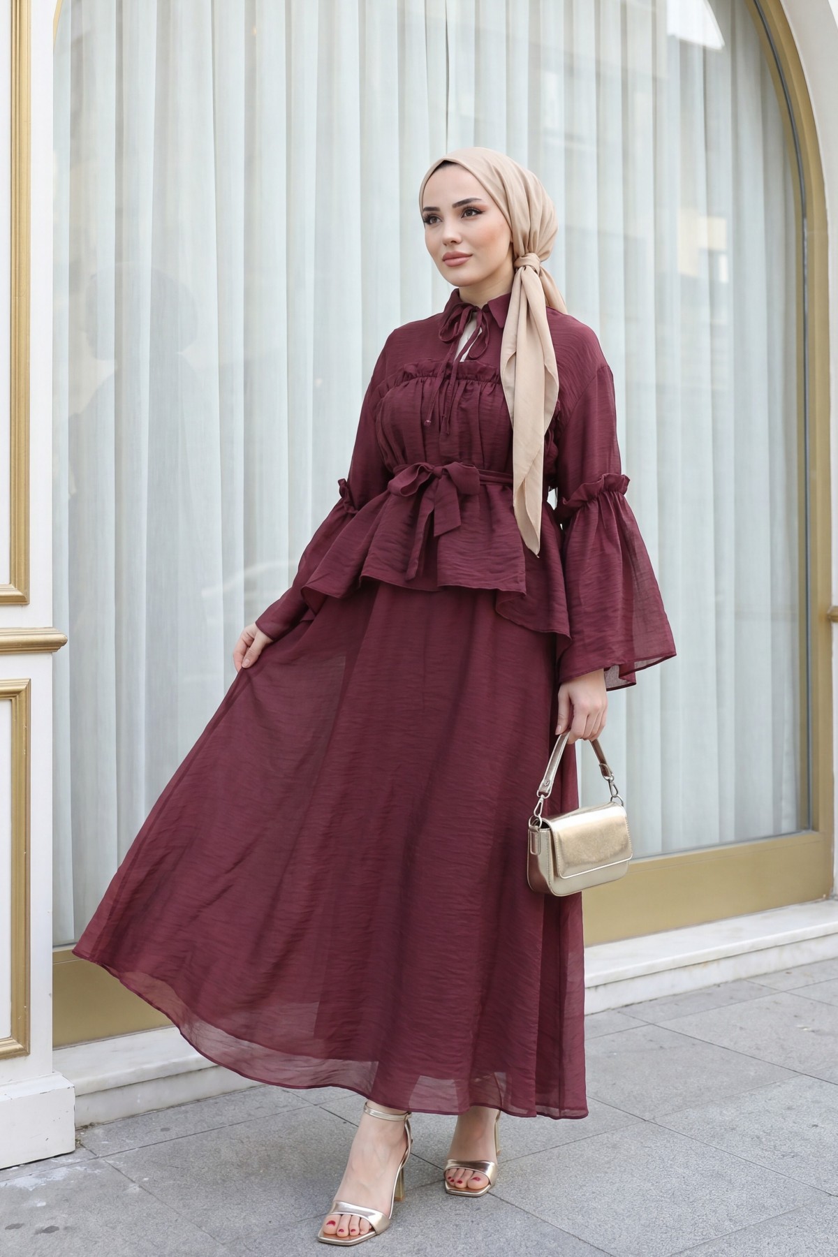 Belted Tulle Voile Dress with Tie Neck and Ruffle Detail -Maroon