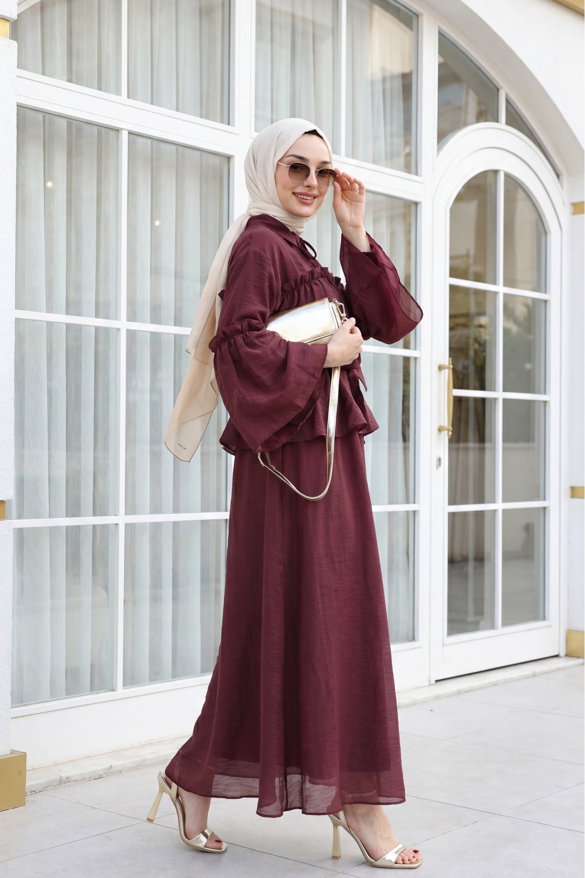 Belted Tulle Voile Dress with Tie Neck and Ruffle Detail -Maroon