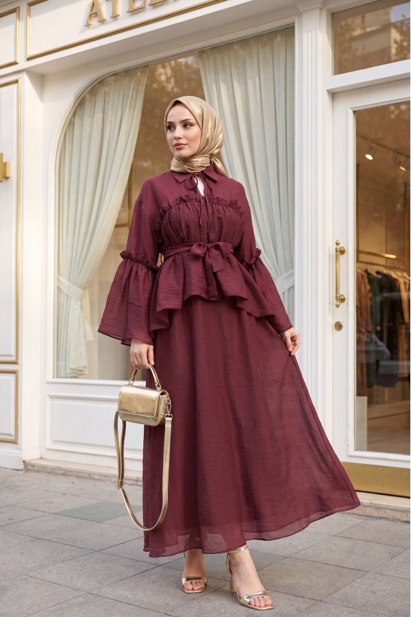 Belted Tulle Voile Dress with Tie Neck and Ruffle Detail -Maroon