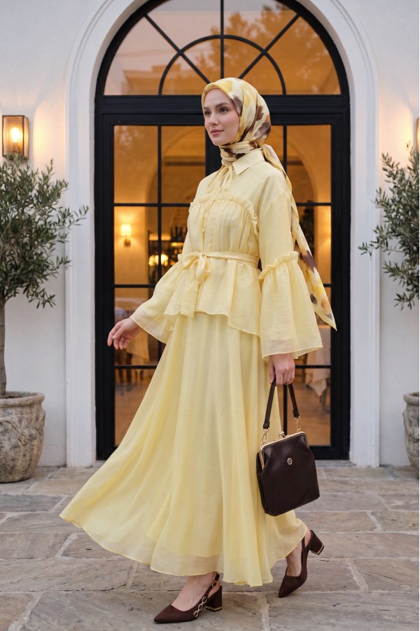 Belted Tulle Voile Dress with Tie Neck and Ruffle Detail -Yellow